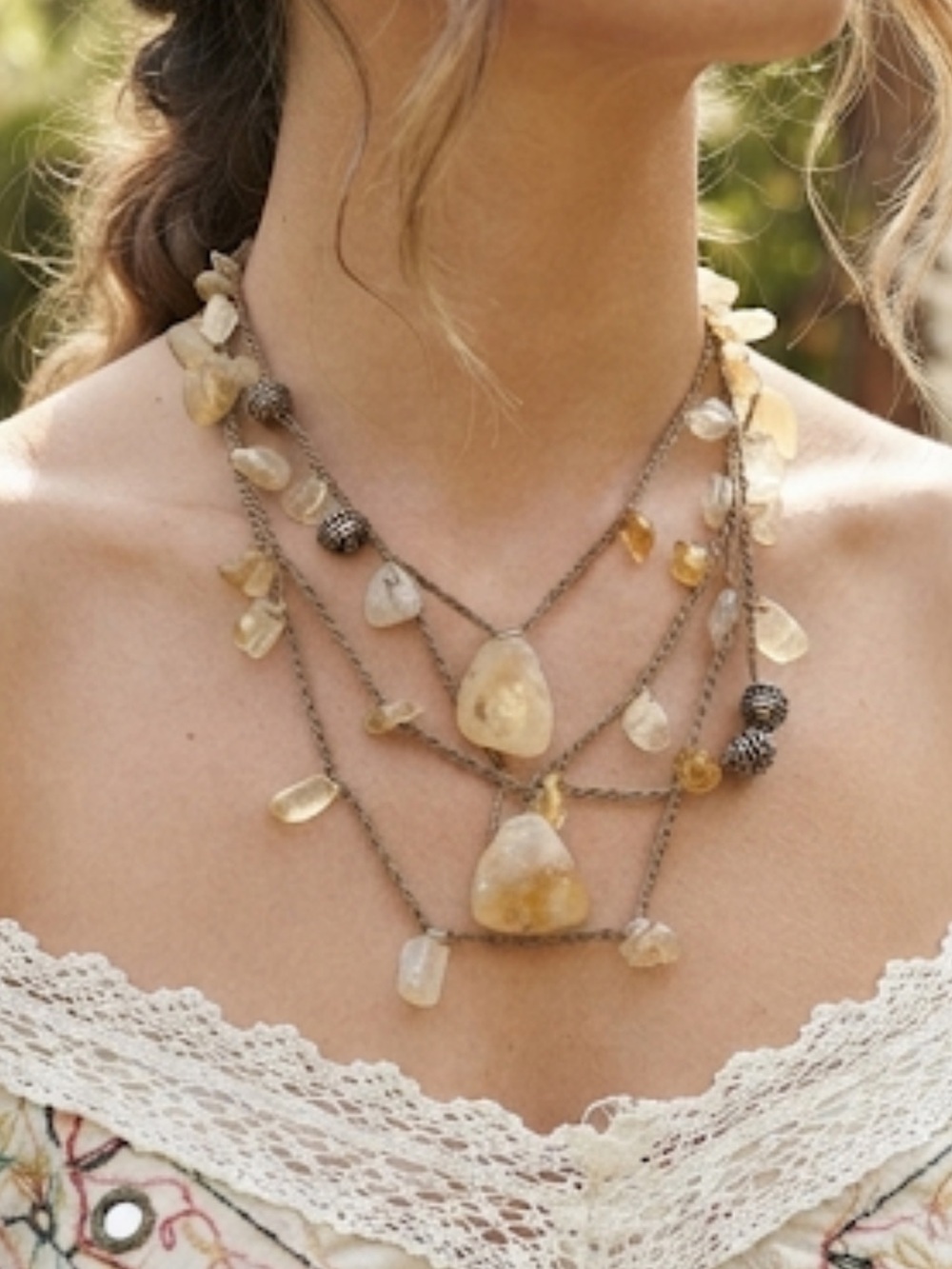 Handmade Citrine Stone Crochet Lariat Necklace Wrap Yellow Gemstone Boho 39”